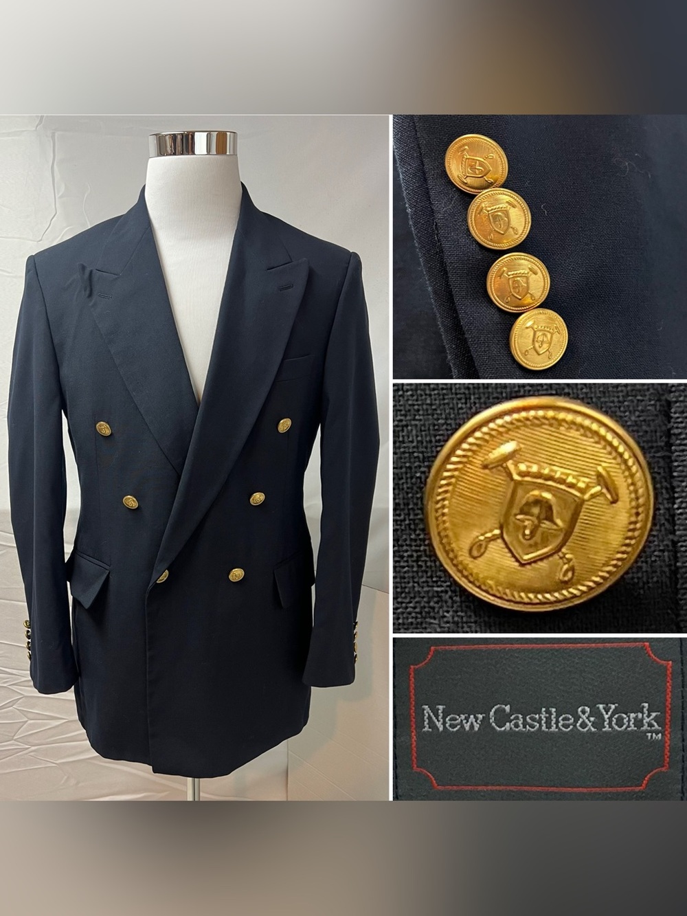 New Castle & York Vintage Men's 38R Navy Gold Button Double Breasted Wool Blazer